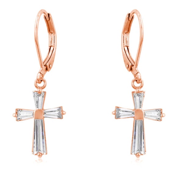 Rose Gold Plated CZ Cross Drop Earrings - Picture 1 of 1